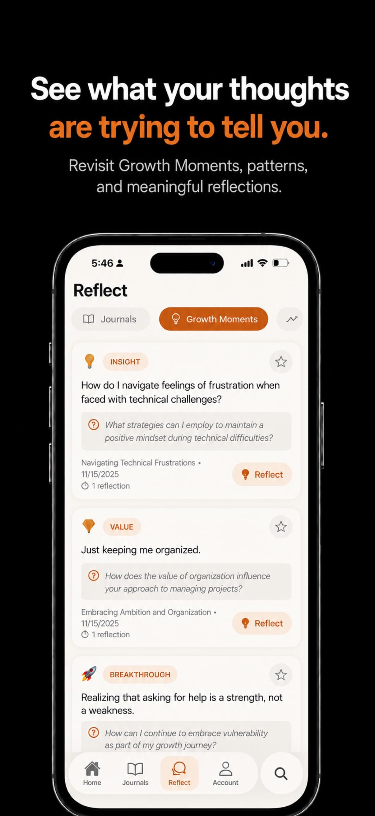 Growth Moments with insights, values, and reflective questions