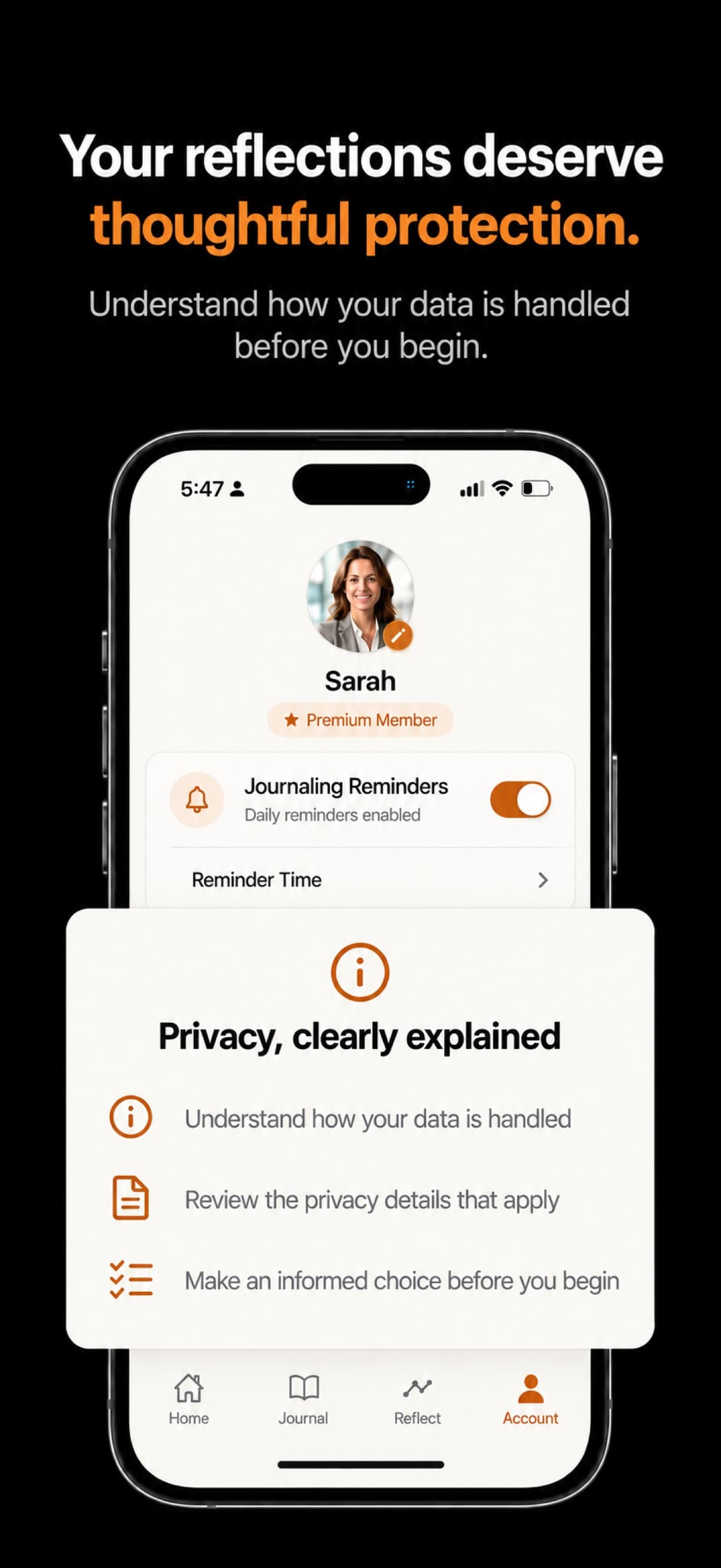 VākJournal Account with a card explaining privacy before you begin