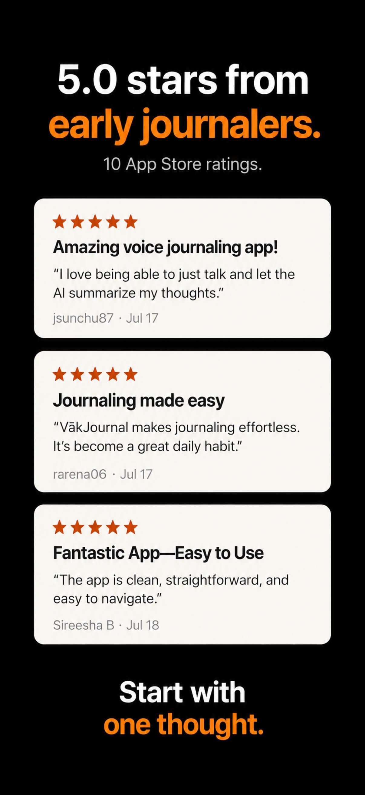 Release artwork showing 5.0 stars from 10 early App Store ratings, with three reviews from July 17 and 18