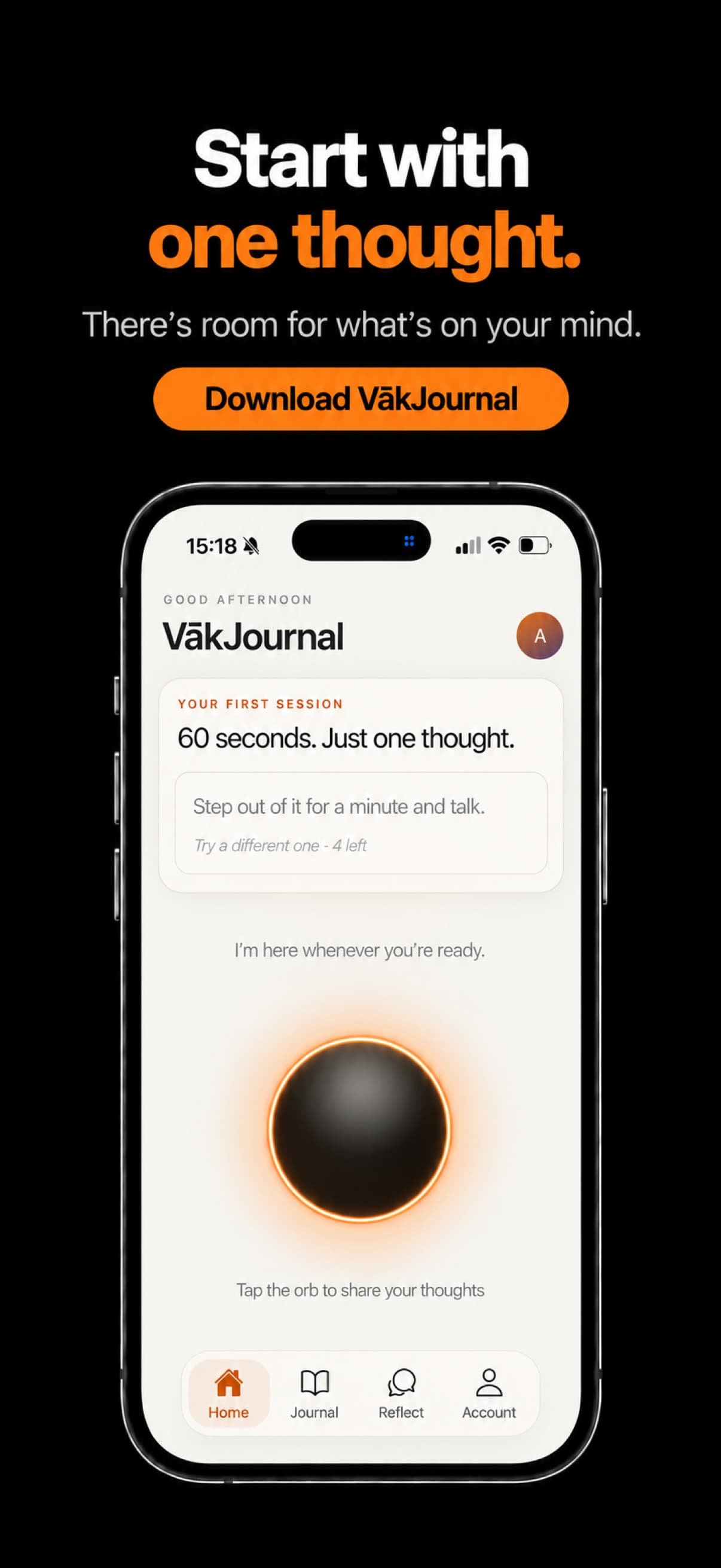 VākJournal Home with a first-session prompt and voice orb