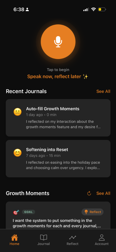 Home screen with recent journals