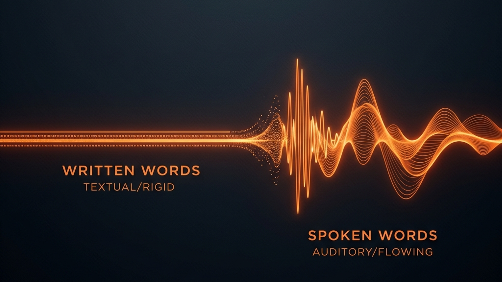 An abstract visual representation contrasting a rigid written line with a dynamic spoken waveform in brand orange.