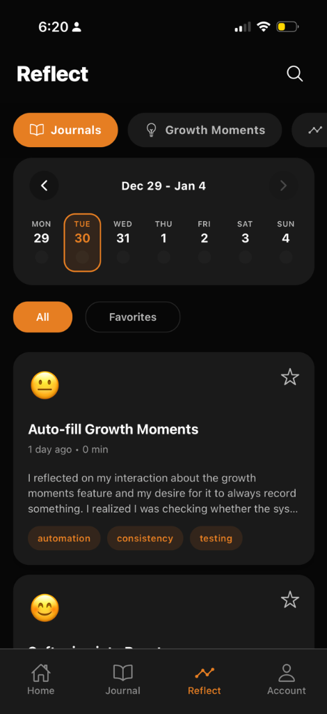 Reflect tab with Growth Moments